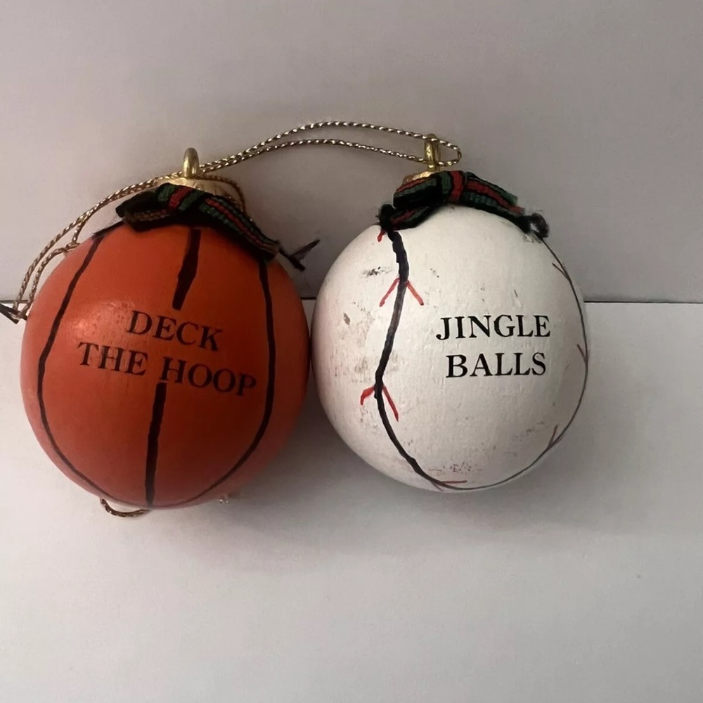 Holiday Ornaments Baseball Basketball Hanging Wood Made In Taiwan Used READ